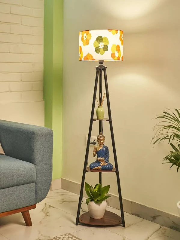 rosscut Furniture LED Tripod Floor Lamp with 3 Shelves, Fresh Flower, Yellow, Metal Corner Floor Lamp for Living Room & Bedroom Decoration