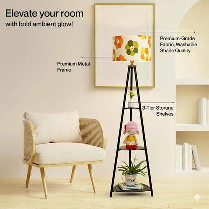 rosscut Furniture LED Tripod Floor Lamp with 3 Shelves, Fresh Flower, Yellow, Metal Corner Floor Lamp for Living Room & Bedroom Decoration