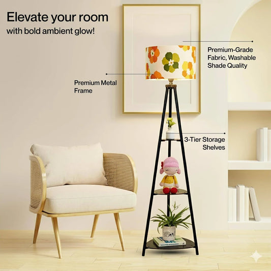 rosscut Furniture LED Tripod Floor Lamp with 3 Shelves, Fresh Flower, Yellow, Metal Corner Floor Lamp for Living Room & Bedroom Decoration